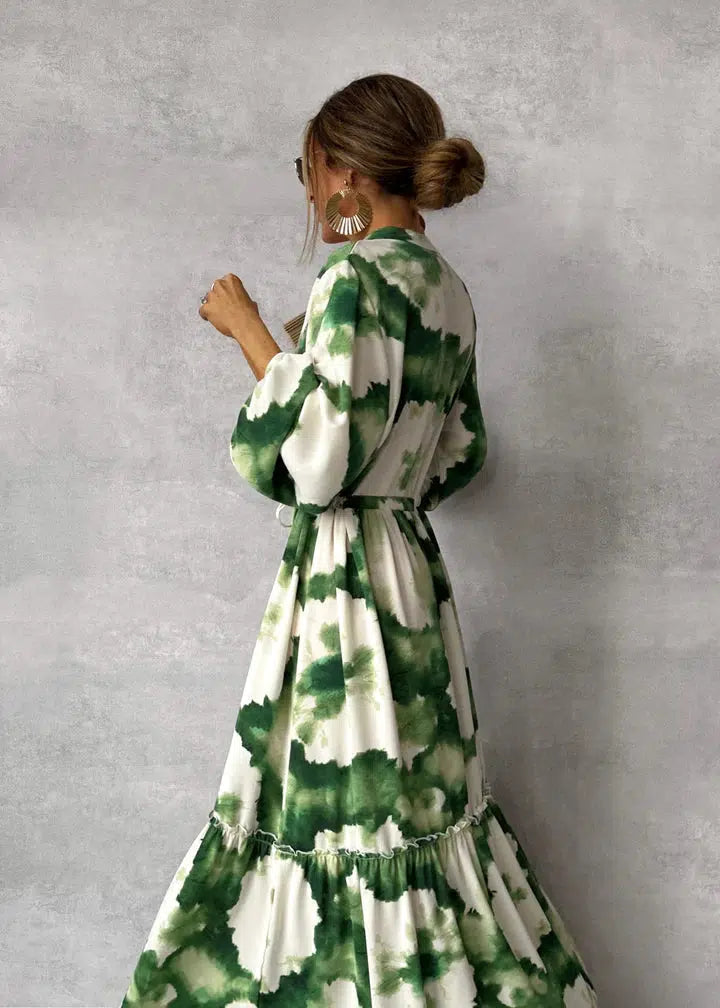SUNA Dame Maxikjole Langærmet V Hals Elegant Flagrende Design