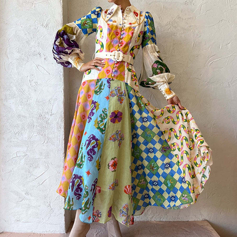 SUNA Dame Maxikjole Langærmet V Hals Elegant Flagrende Design Flerfarvet