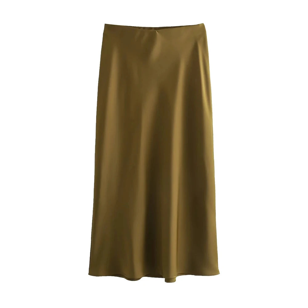 SUNA Midi Nederdel Satin Sort M Højtaljet Elastisk Linning