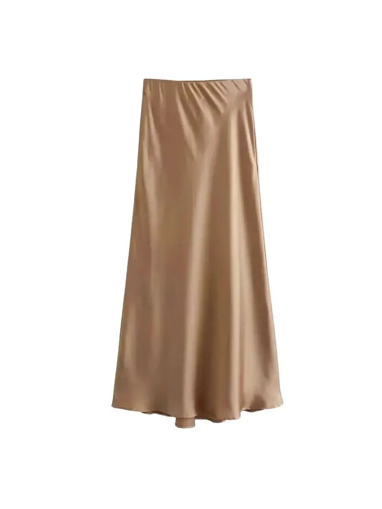 SUNA Midi Nederdel Satin Sort M Højtaljet Elastisk Linning