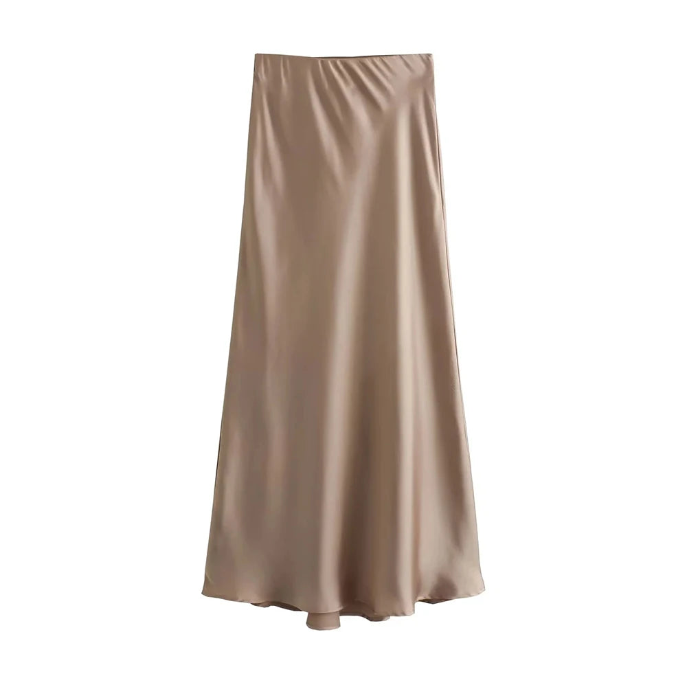 SUNA Midi Nederdel Satin Sort M Højtaljet Elastisk Linning Khaki L