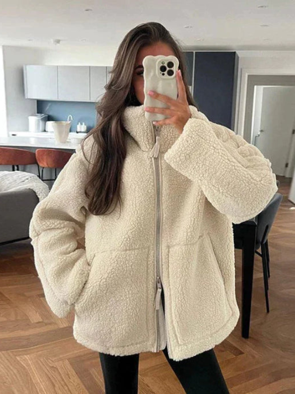 SUNA Daphne Overdimensioneret Sherpa Fleecejakke Ultrablød Varm Beige