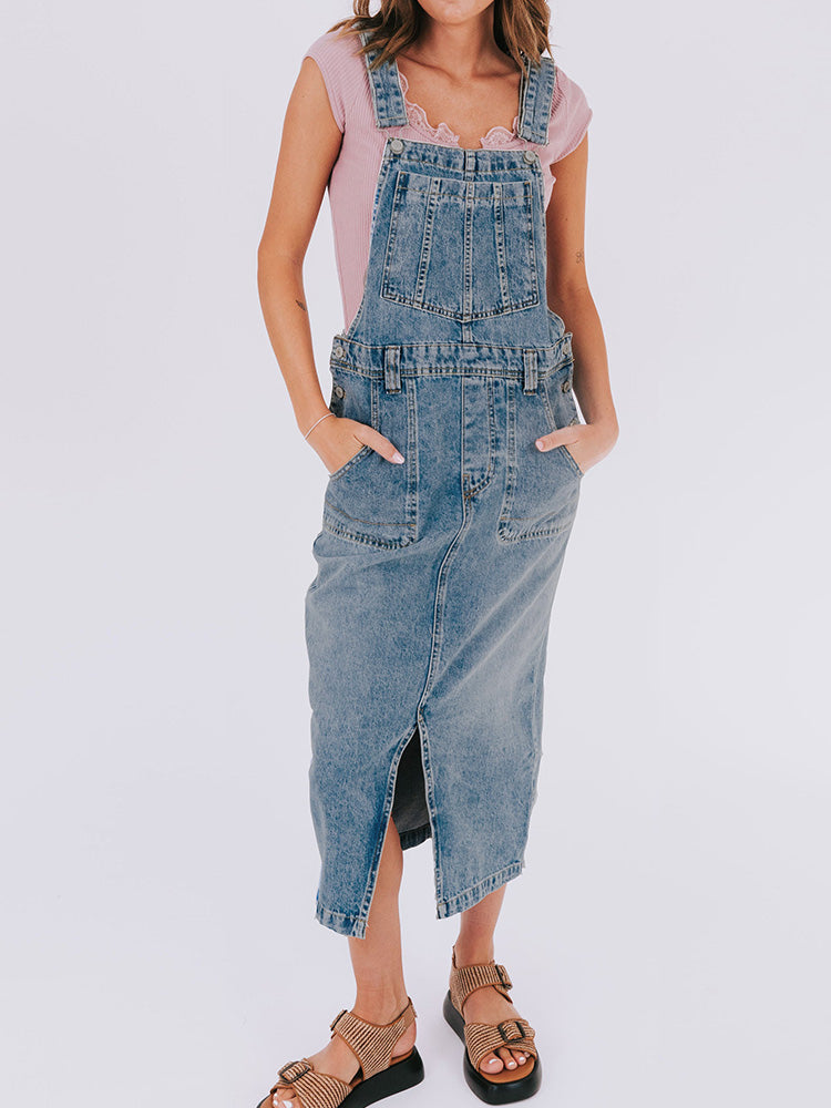 SUNA Denim Overall Kjole Frontslids Og Komfort 100Procent Bomuld Mellem Blå