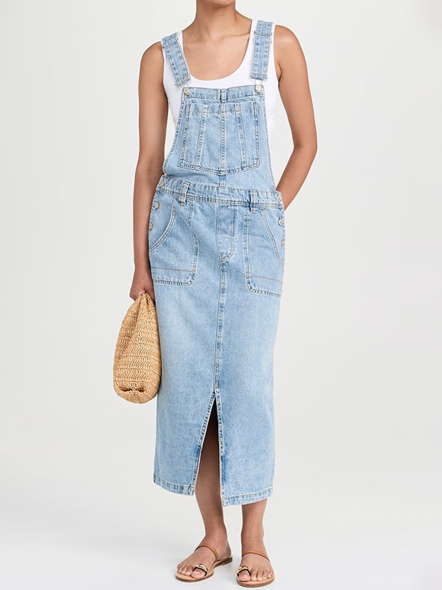 SUNA Denim Overall Kjole Frontslids Og Komfort 100Procent Bomuld