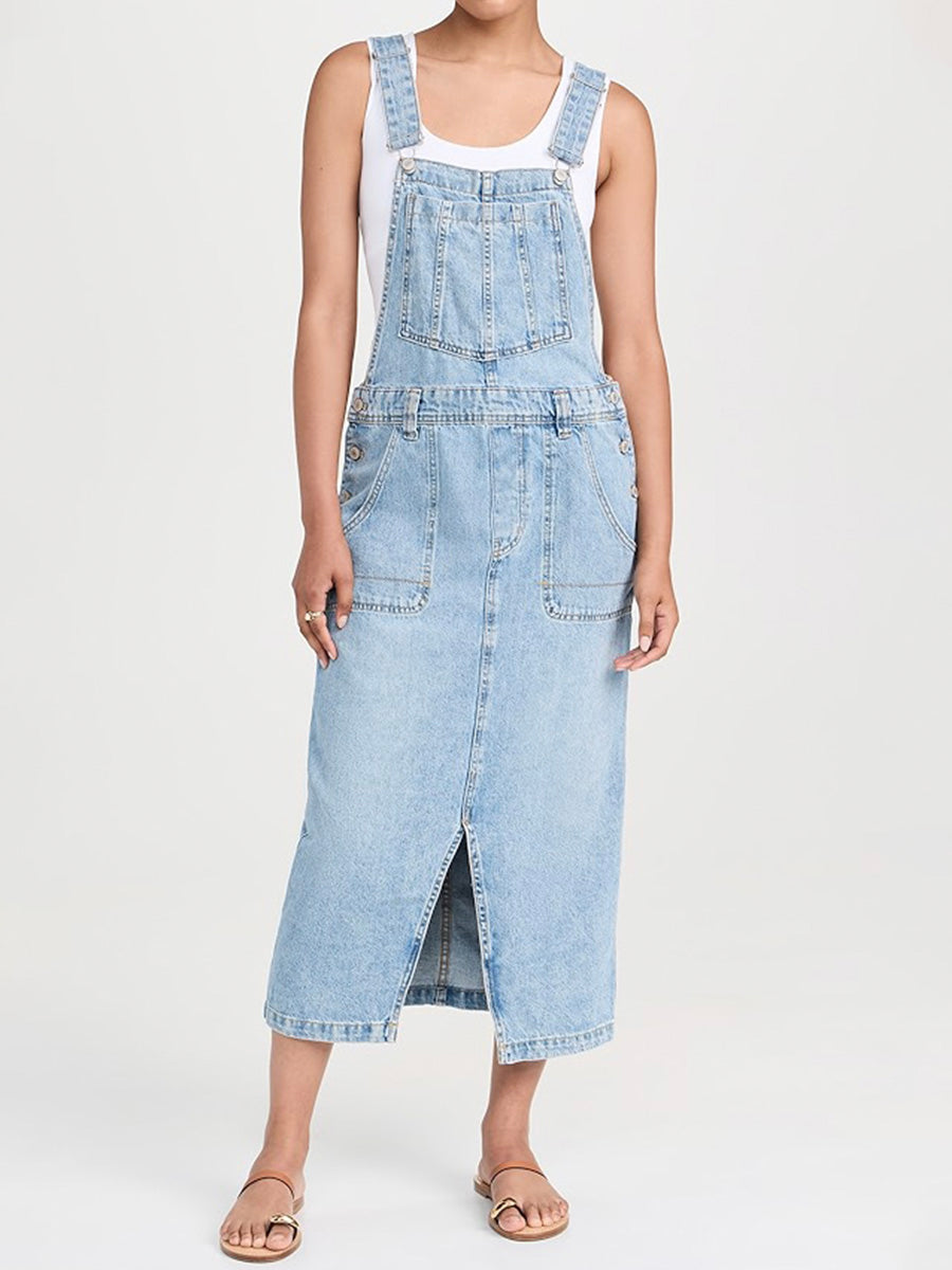 SUNA Denim Overall Kjole Frontslids Og Komfort 100Procent Bomuld Lys Blå