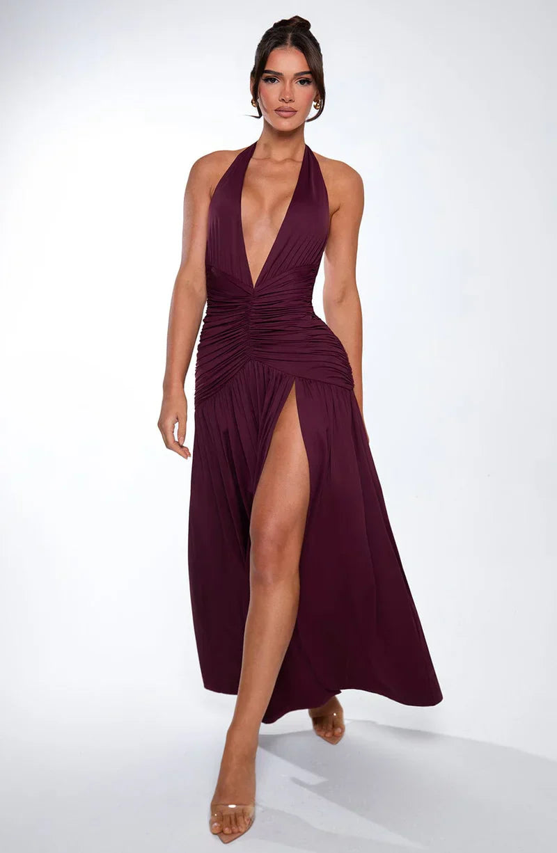 SUNA Elysia Maxi Kjole i Dyb V-Halterneck med Split