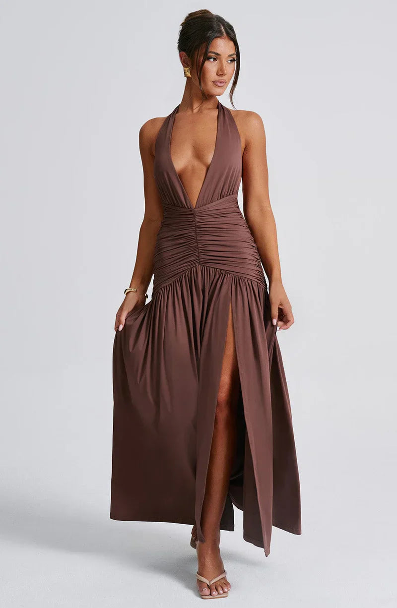 SUNA Elysia Maxi Kjole i Dyb V-Halterneck med Split
