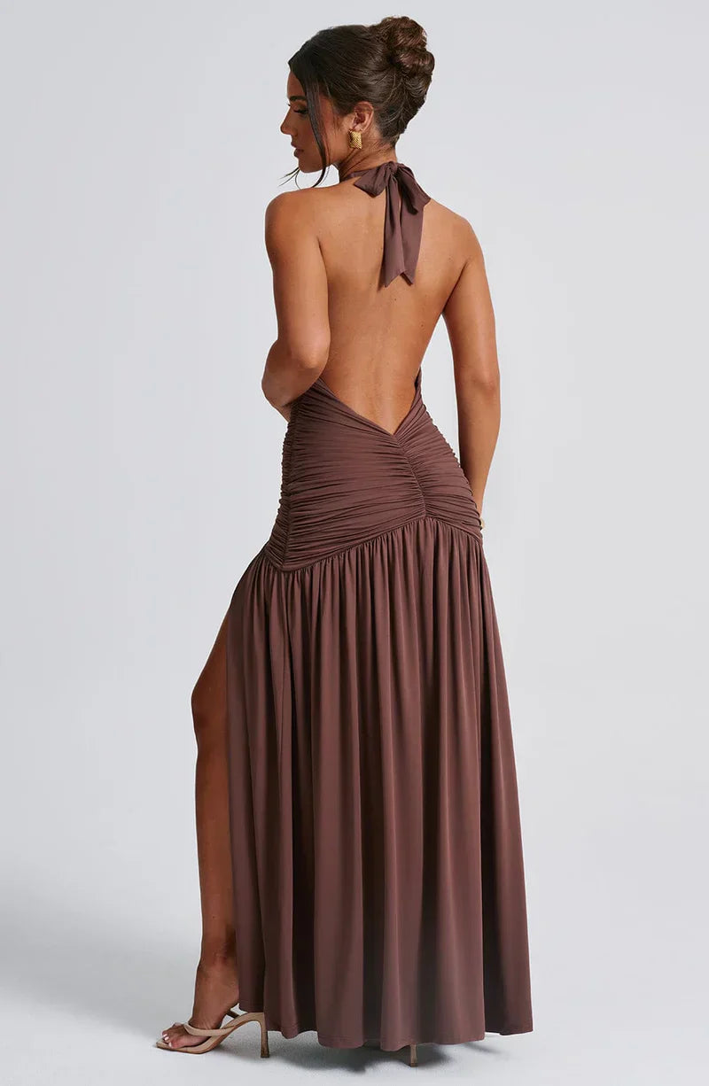 SUNA Elysia Maxi Kjole i Dyb V-Halterneck med Split