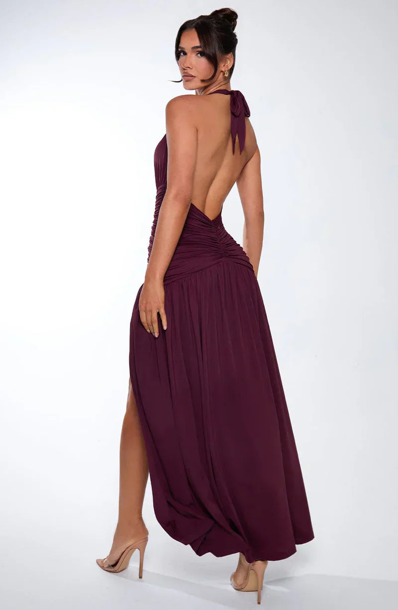 SUNA Elysia Maxi Kjole i Dyb V-Halterneck med Split