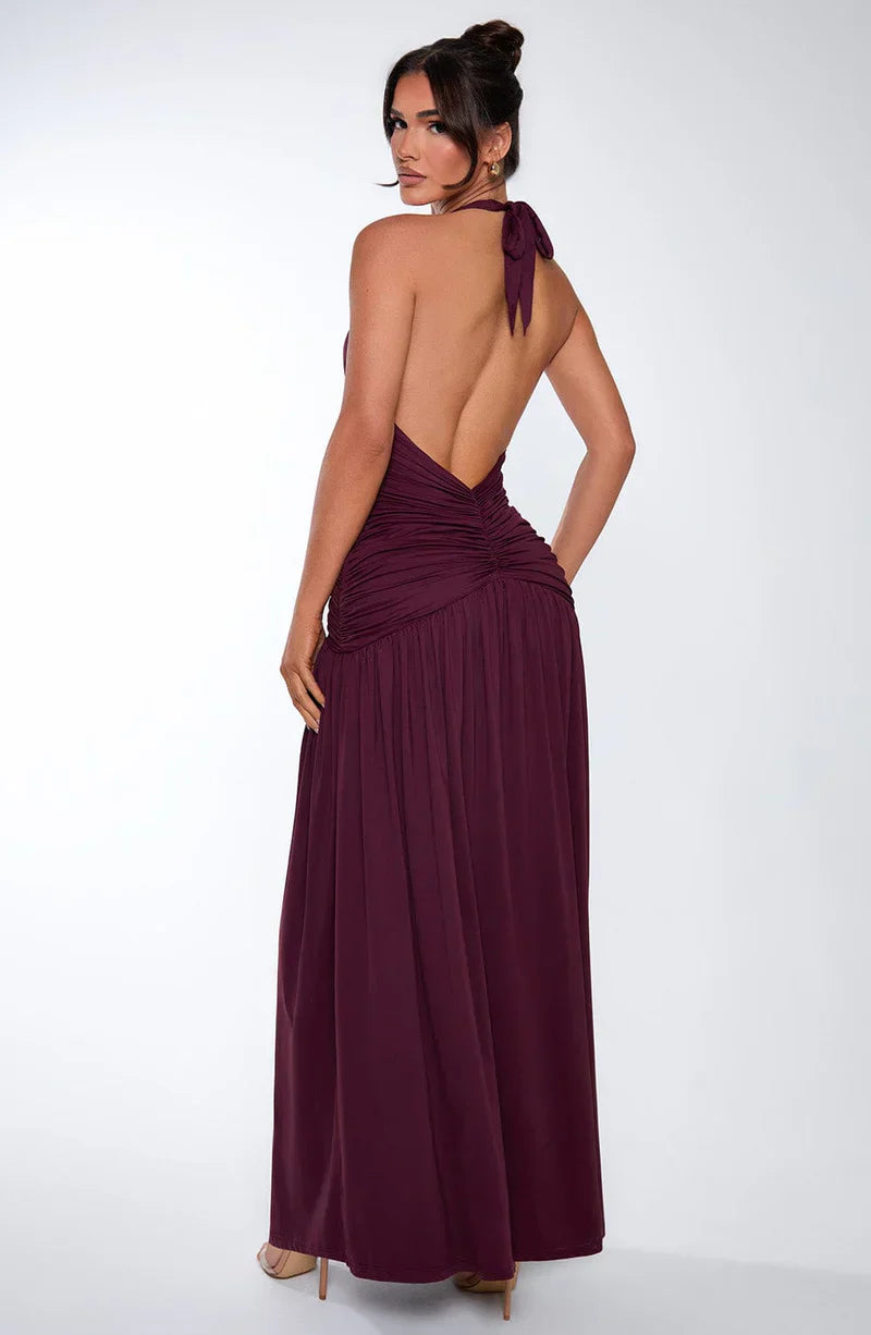 SUNA Elysia Maxi Kjole i Dyb V-Halterneck med Split