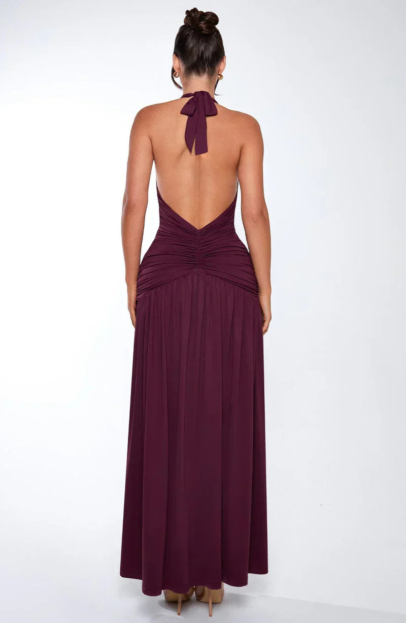SUNA Elysia Maxi Kjole i Dyb V-Halterneck med Split