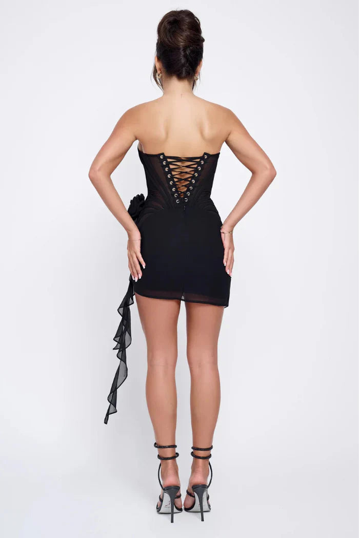 SUNA Kelsey Korset Mini Kjole i Sort Chiffon og Mesh