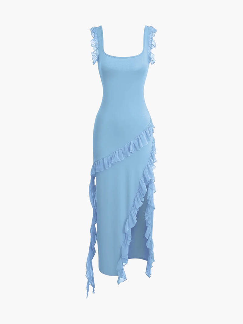 SUNA Maia Maxi Kjole med Flæser og Elegant Silhuet