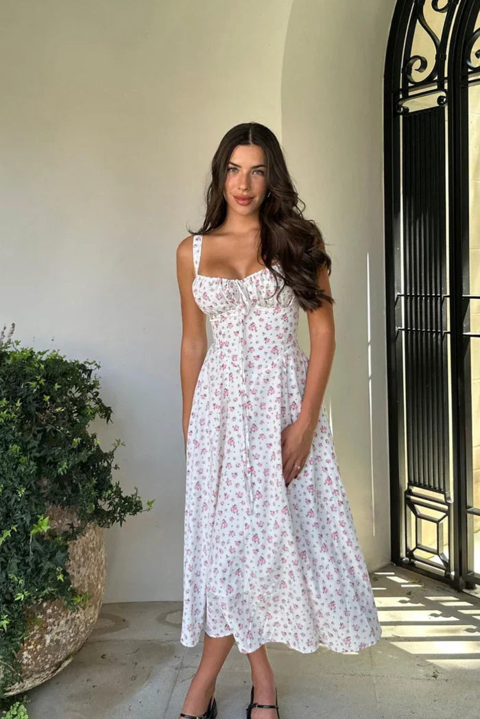 SUNA Korset Midi Kjole Med Blomstermotiv Og Vintage Design XL