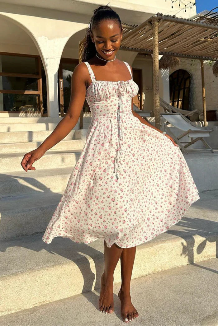 SUNA Korset Midi Kjole Med Blomstermotiv Og Vintage Design