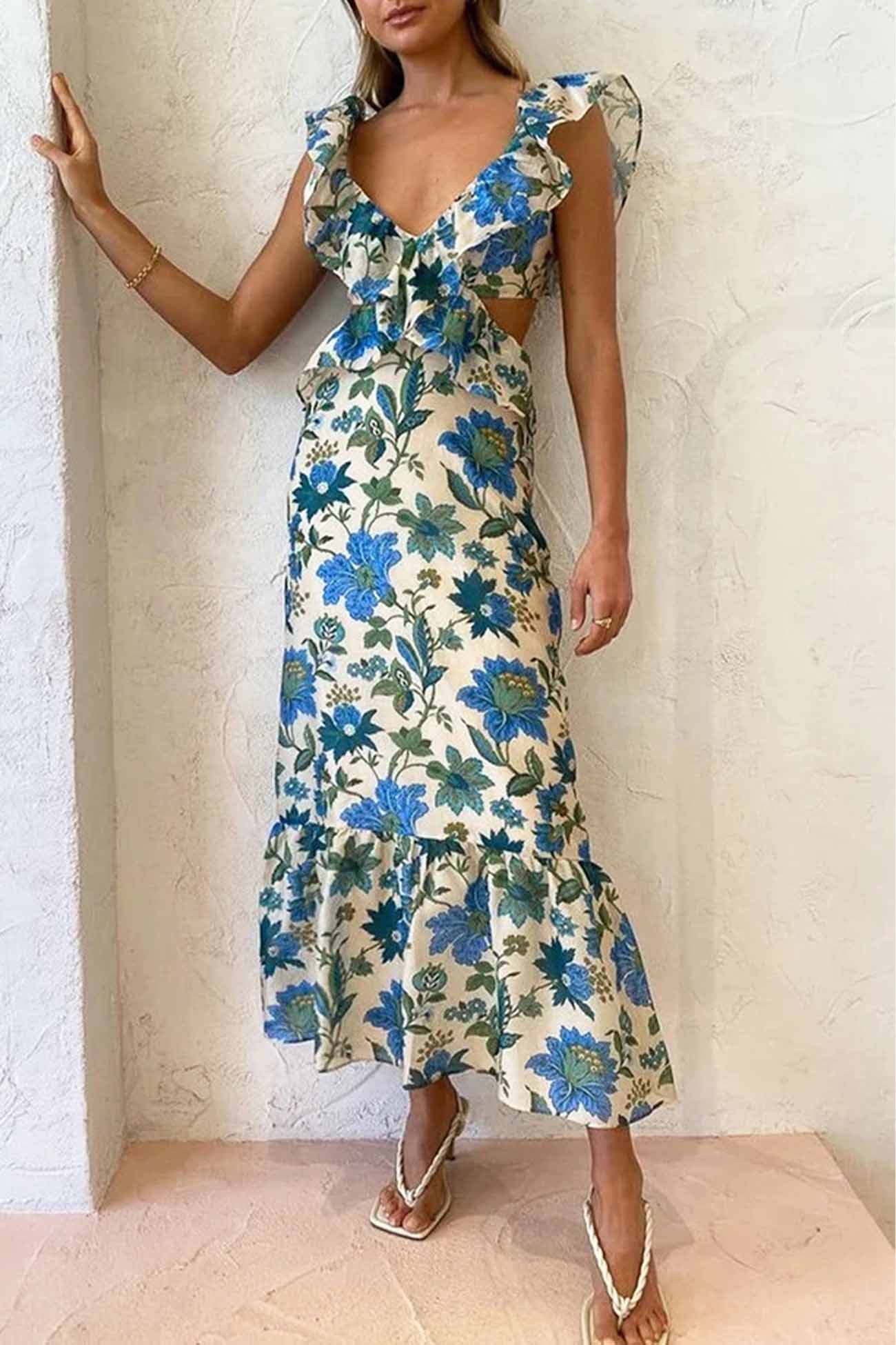 SUNA Rianne Maxi Kjole Med Blomsterdesign Og Flæser