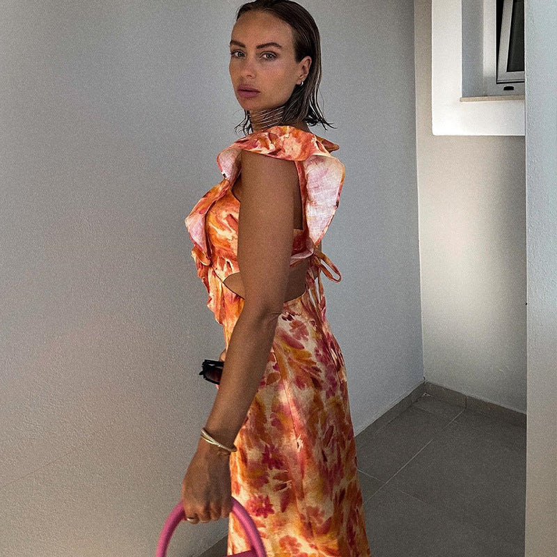 SUNA Rianne Maxi Kjole Med Blomsterdesign Og Flæser