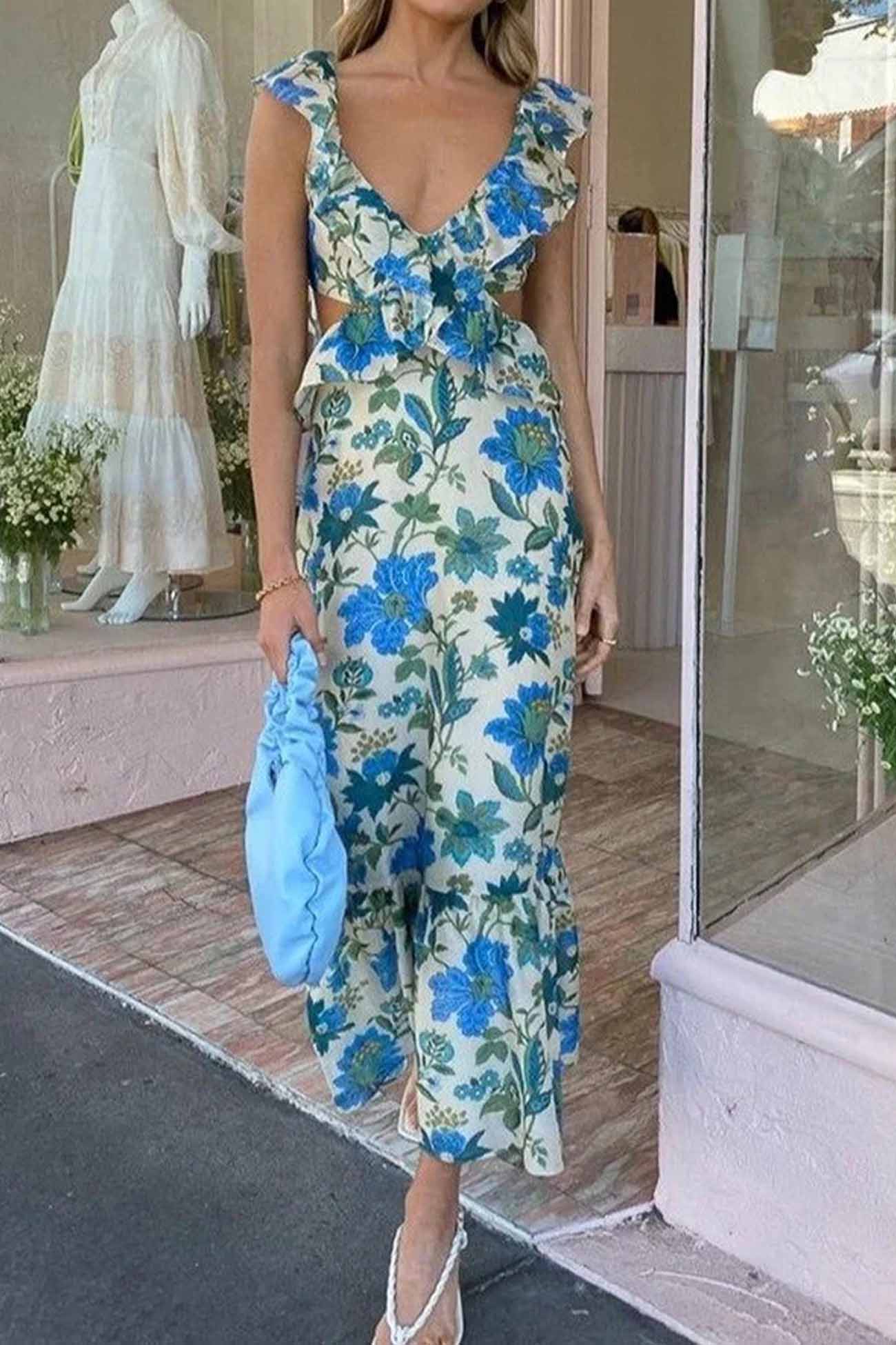 SUNA Rianne Maxi Kjole Med Blomsterdesign Og Flæser Blå