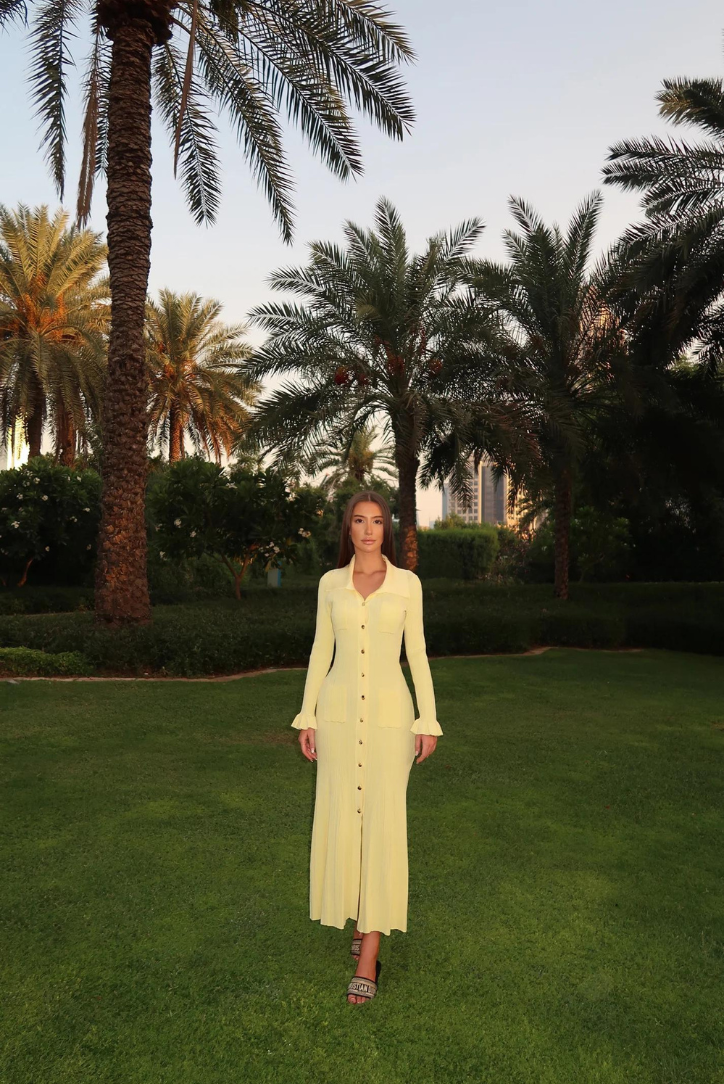 SUNA Sylvie Knitted Midi Dress Med Chic Pleat Og Guldknapper
