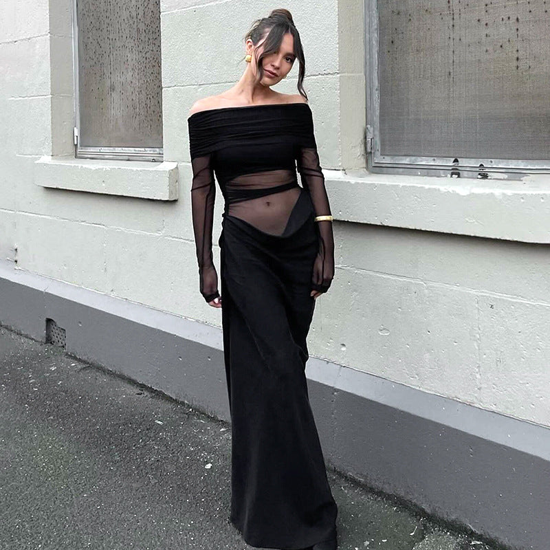 SUNA Verity Mesh Maxi Kjole Med Off-Shoulder Design Og Elegance