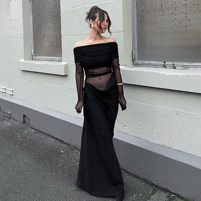 SUNA Verity Mesh Maxi Kjole Med Off-Shoulder Design Og Elegance