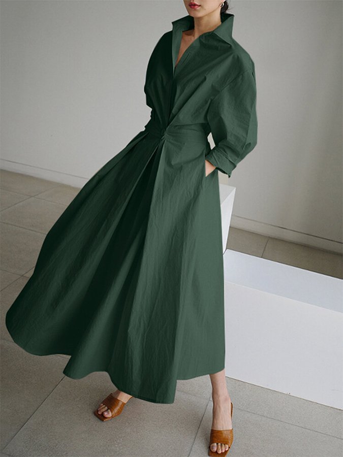 SUNA Elegant Vintage Inspireret Damekjole Let Stof Tidløs Silhuet Armygrøn