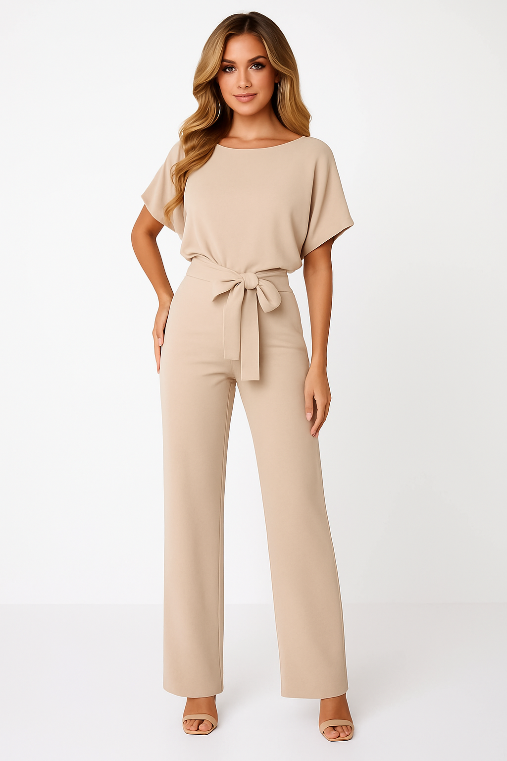 Krawatten-Bælte-Overall til Elegant Stil og Komfort Jumpsuits SUNA Beige S