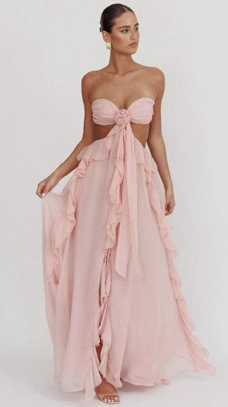 SUNA Flor Ruffle Maxi Kjole til Festlige Anledninger Pink