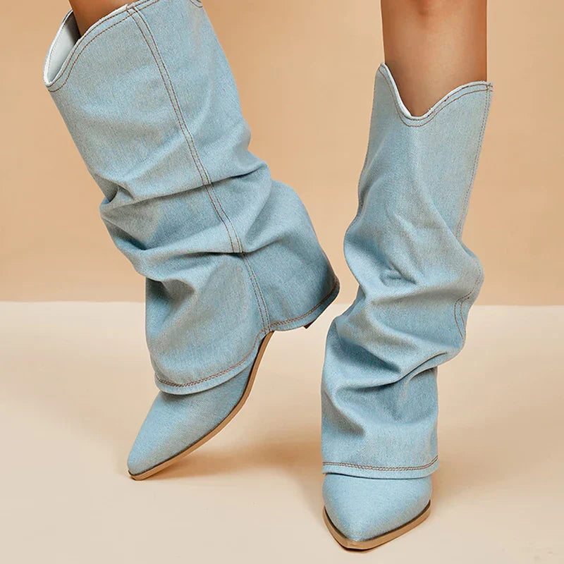 SUNA Knæstøvler Denim Til Damer Komfortable Med Edgy Detaljer