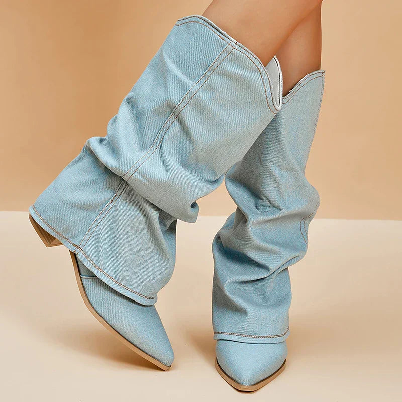 SUNA Knæstøvler Denim Til Damer Komfortable Med Edgy Detaljer