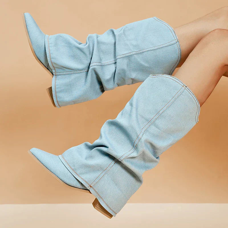 SUNA Knæstøvler Denim Til Damer Komfortable Med Edgy Detaljer