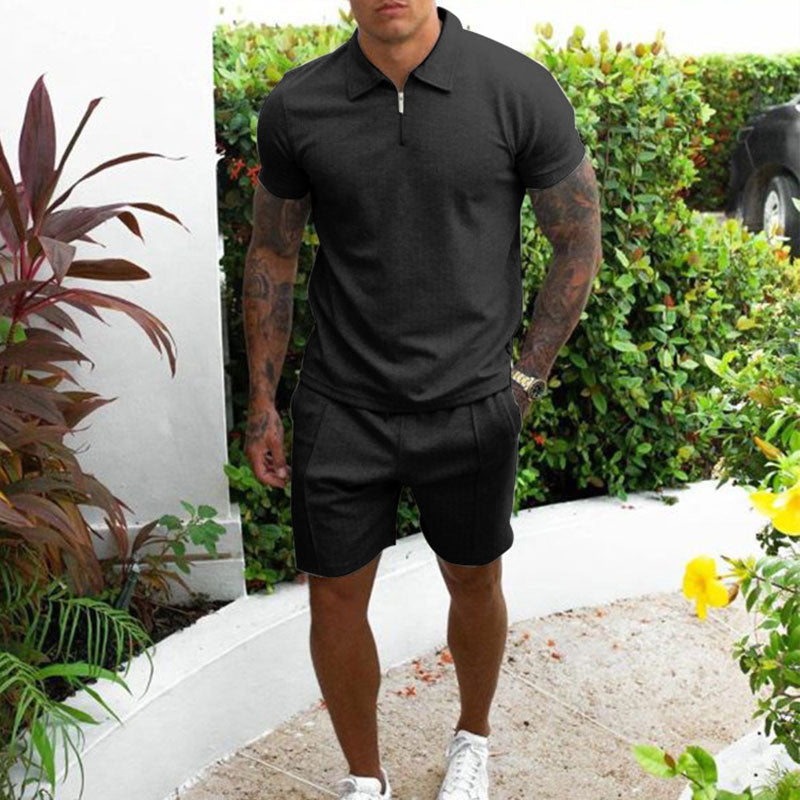 SUNA Polo & Shorts Sæt til Herrer Sommer Outfit Herrer Sort