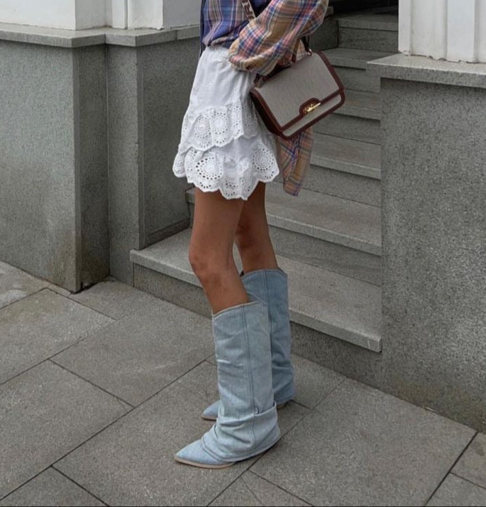 SUNA Knæstøvler Denim Til Damer Komfortable Med Edgy Detaljer