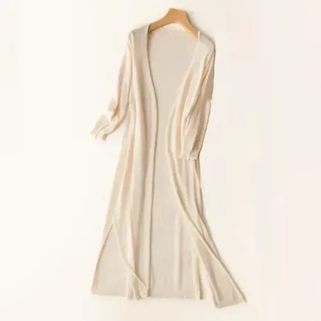 SUNA Dame Strikjakke – Elegant Cardigan med Lange Ærmer og Let Pasform Beige