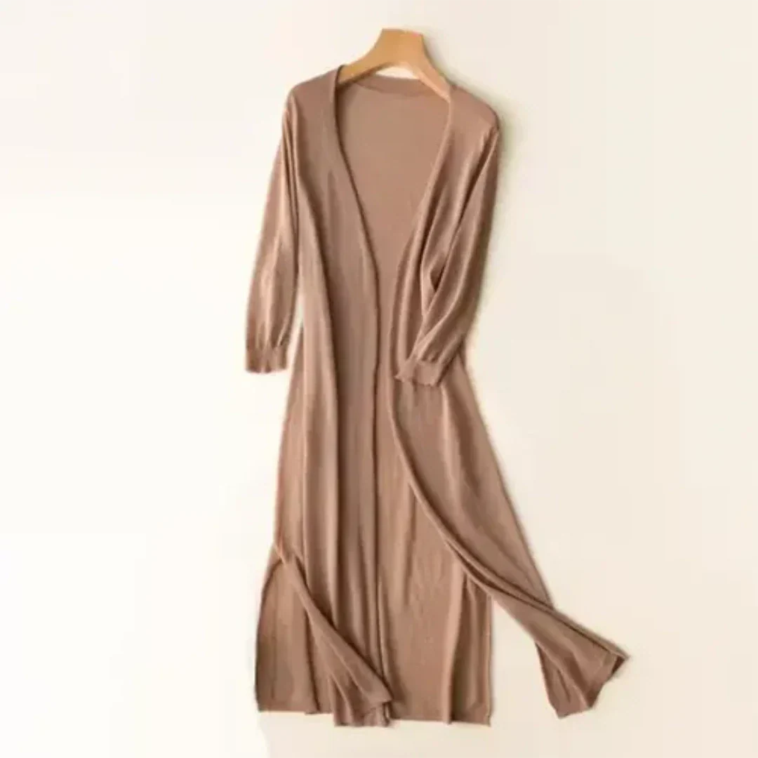SUNA Dame Strikjakke – Elegant Cardigan med Lange Ærmer og Let Pasform Khaki