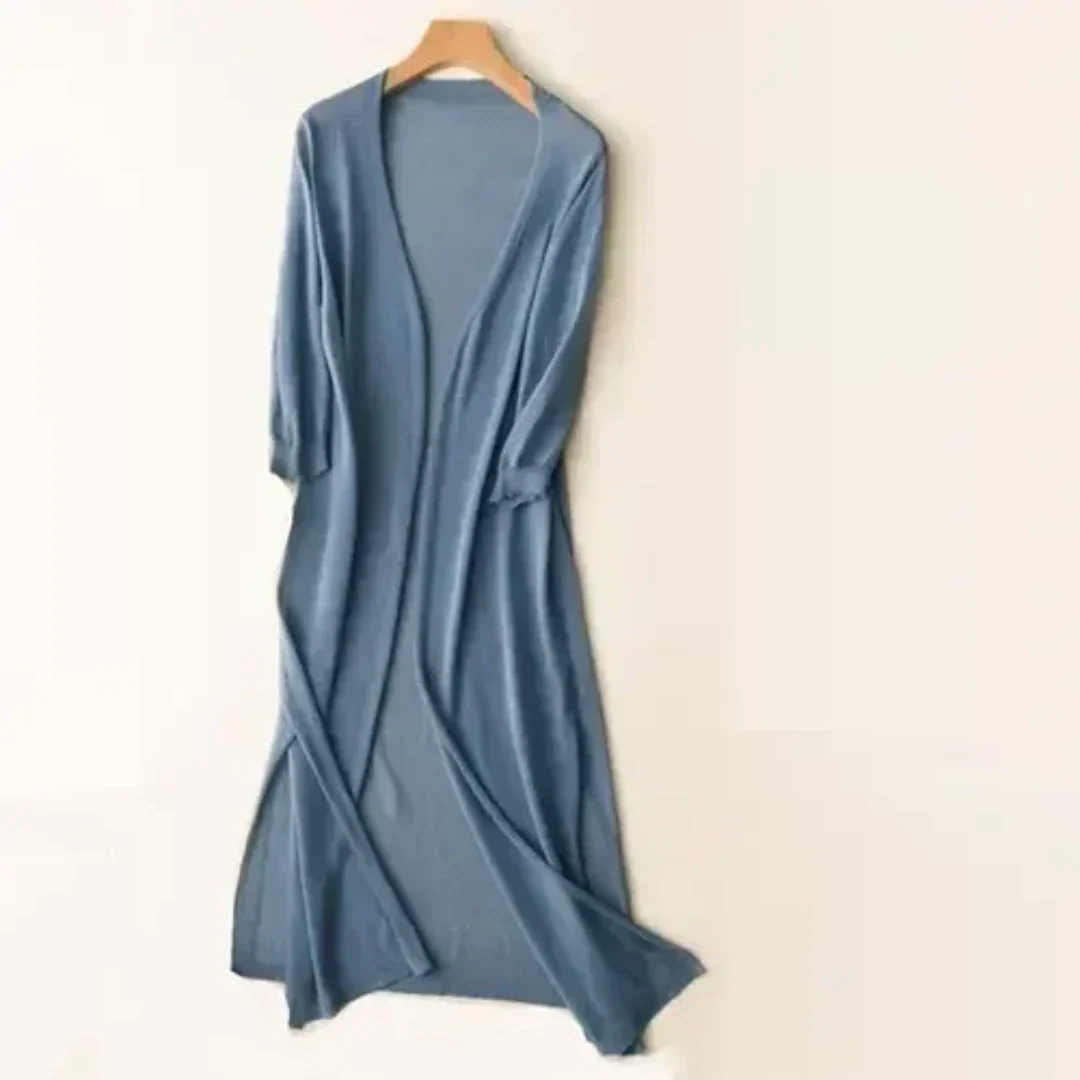 SUNA Dame Strikjakke – Elegant Cardigan med Lange Ærmer og Let Pasform Blå