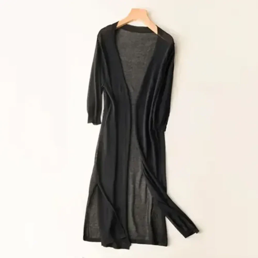 SUNA Dame Strikjakke – Elegant Cardigan med Lange Ærmer og Let Pasform Sort