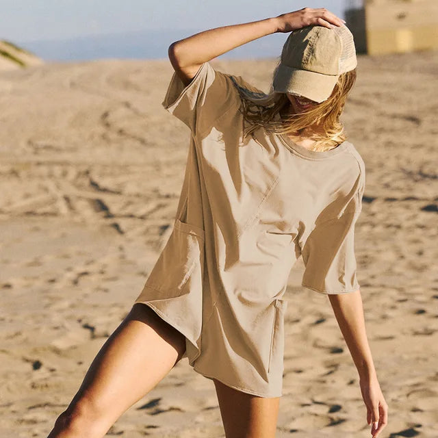 SUNA Kvinders Oversized Romper – Blød Bomuldsblanding - Casual Afslappet Pasform Albueærmer Komfortabelt Tøj Khaki