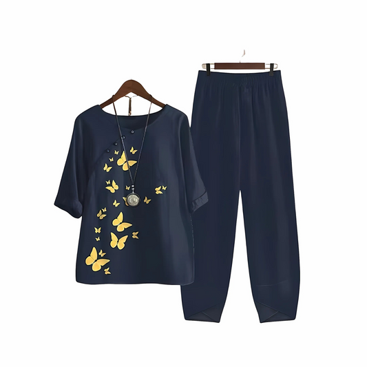 Trykt Bluse- og Buksetæt med Elegant Design Sets SUNA Mørkeblå S