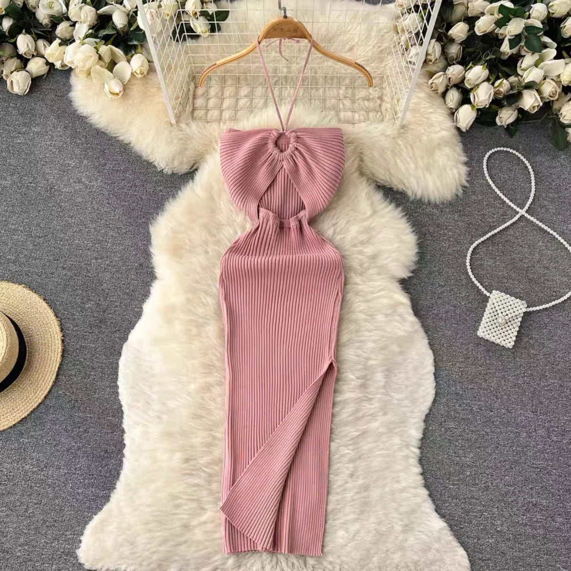 SUNA Kvinders Bodycon Kjole Strik med Split – Sexet Pasform og Komfort – Festkjole med Kurver og Delikat Design Pink One Size