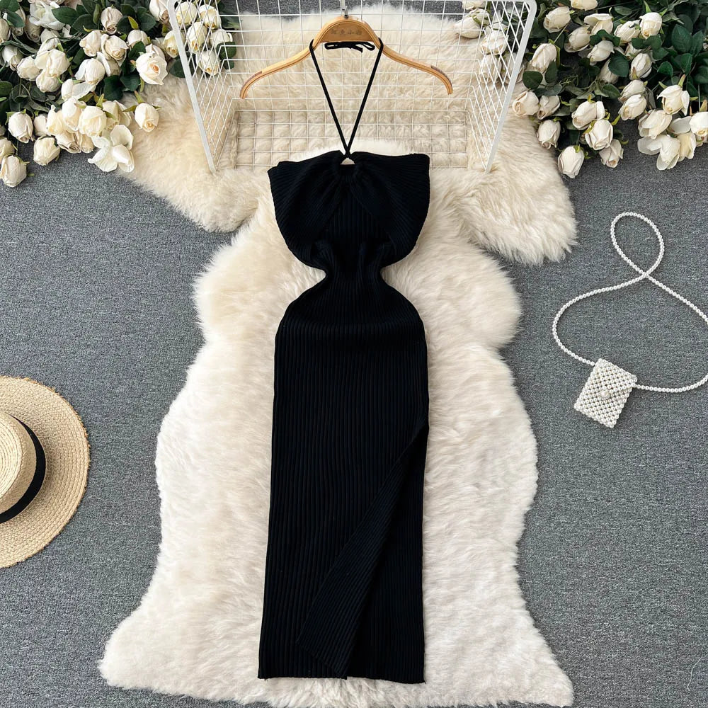 SUNA Kvinders Bodycon Kjole Strik med Split – Sexet Pasform og Komfort – Festkjole med Kurver og Delikat Design Sort One Size