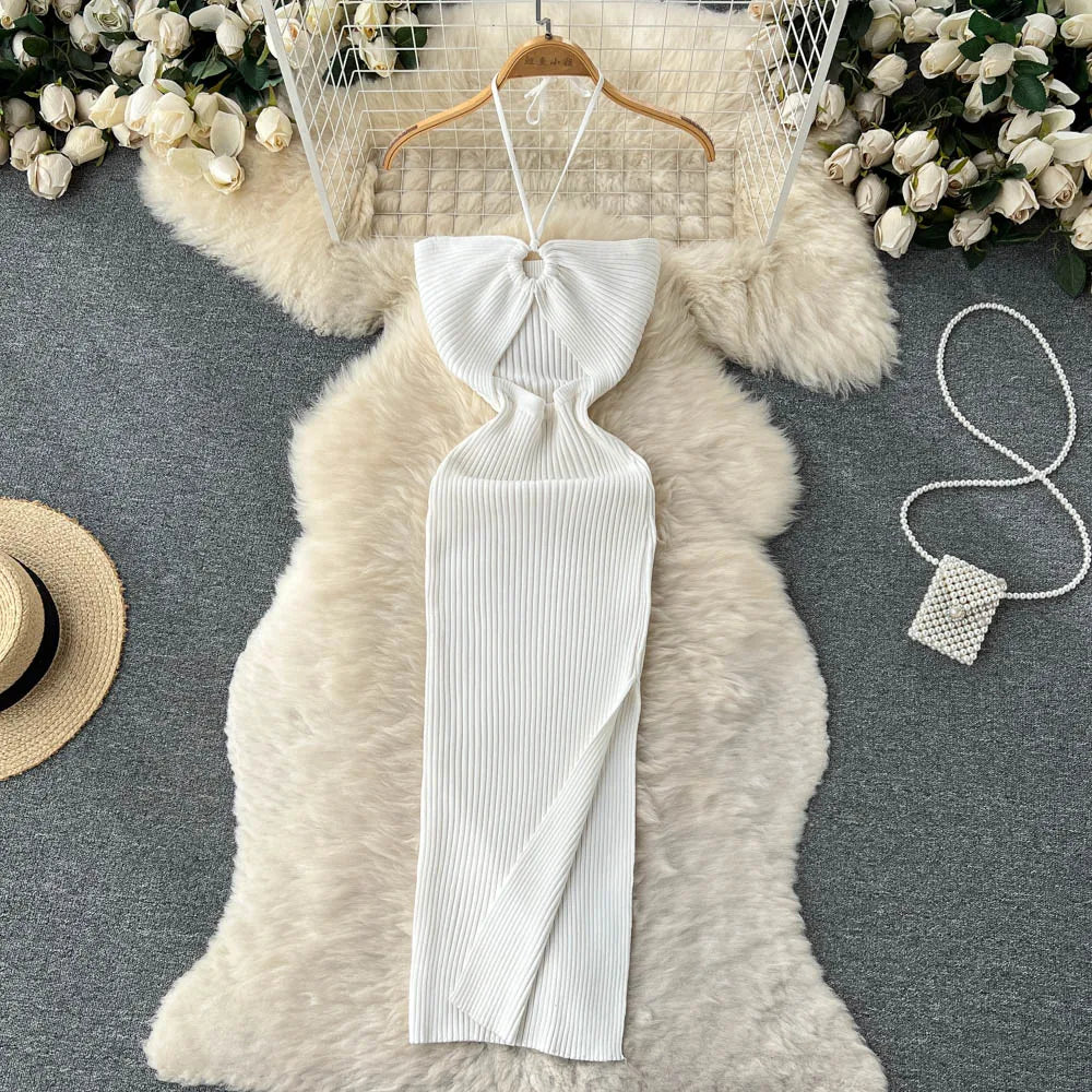 SUNA Kvinders Bodycon Kjole Strik med Split – Sexet Pasform og Komfort – Festkjole med Kurver og Delikat Design HVID One Size