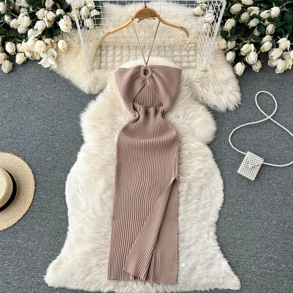SUNA Kvinders Bodycon Kjole Strik med Split – Sexet Pasform og Komfort – Festkjole med Kurver og Delikat Design Khaki One Size