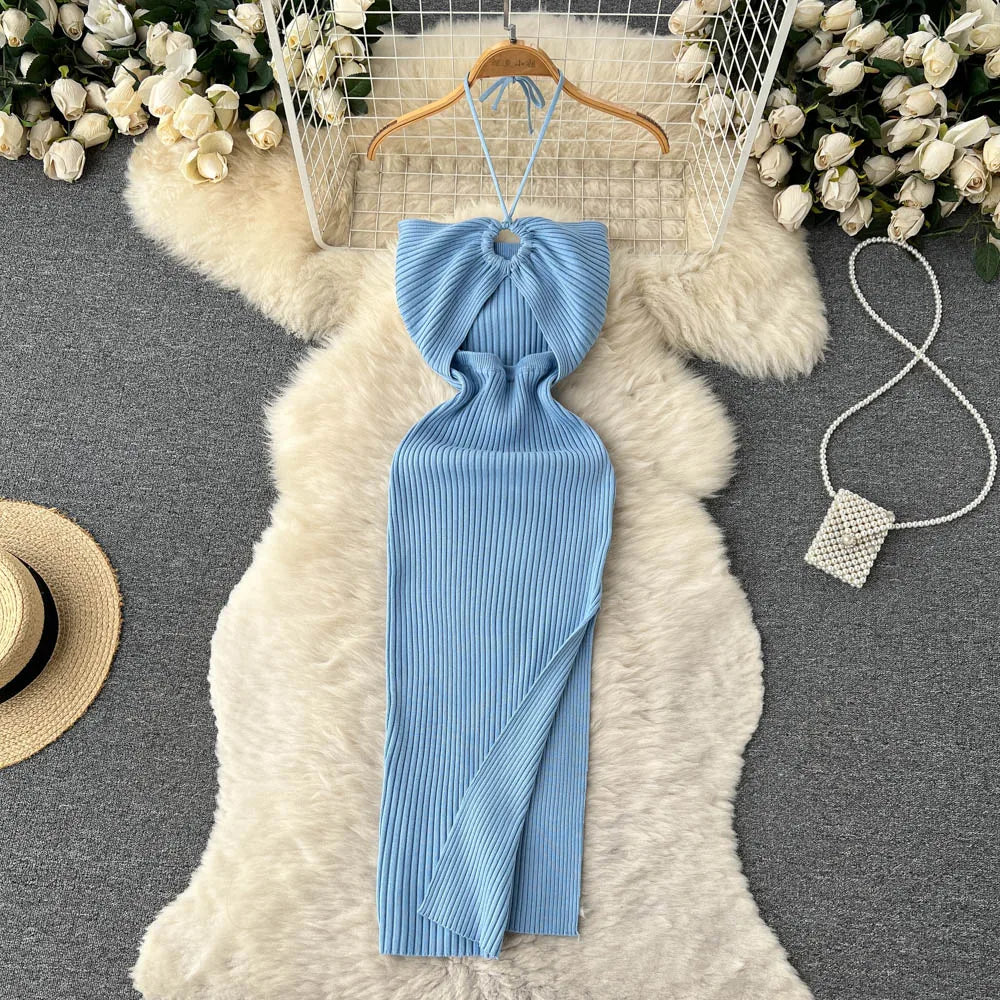 SUNA Kvinders Bodycon Kjole Strik med Split – Sexet Pasform og Komfort – Festkjole med Kurver og Delikat Design Blå One Size