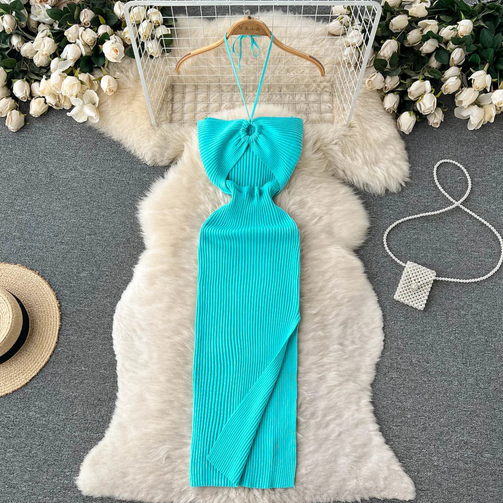 SUNA Kvinders Bodycon Kjole Strik med Split – Sexet Pasform og Komfort – Festkjole med Kurver og Delikat Design HIMMELBLÅ One Size