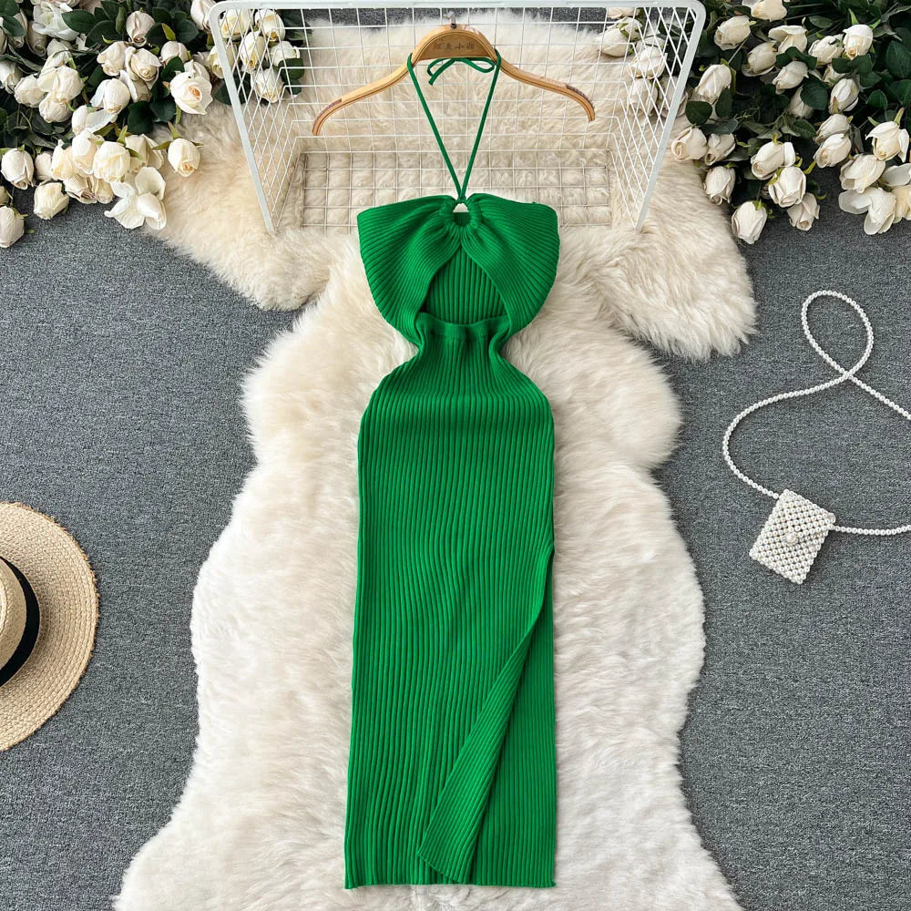 SUNA Kvinders Bodycon Kjole Strik med Split – Sexet Pasform og Komfort – Festkjole med Kurver og Delikat Design Grøn One Size