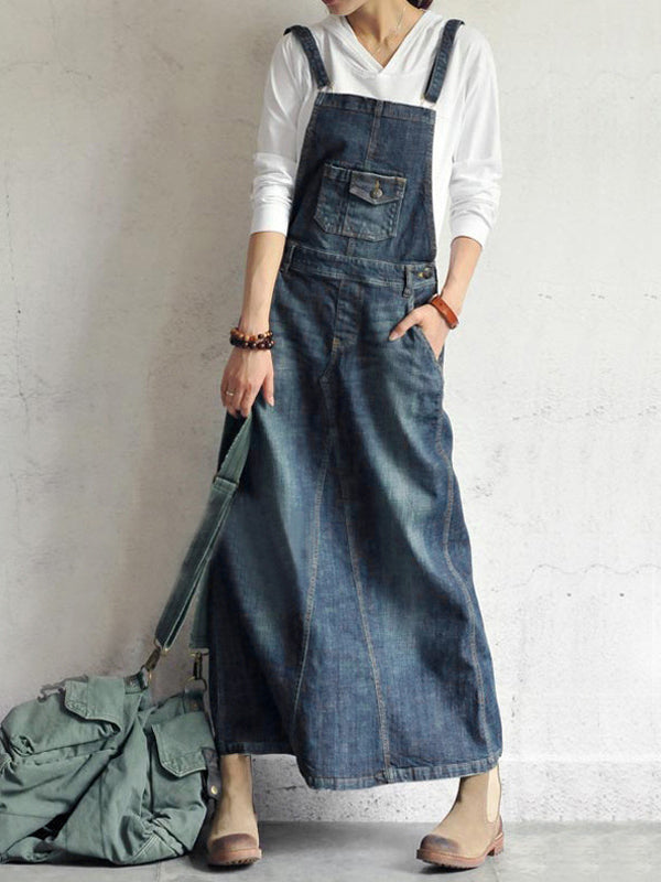 SUNA Kvinders Denim Overall Kjole – Løs Pasform Med Justerbare Stropper - 100% Bomuld, Vintage Design, Komfortabel Kjole Blå