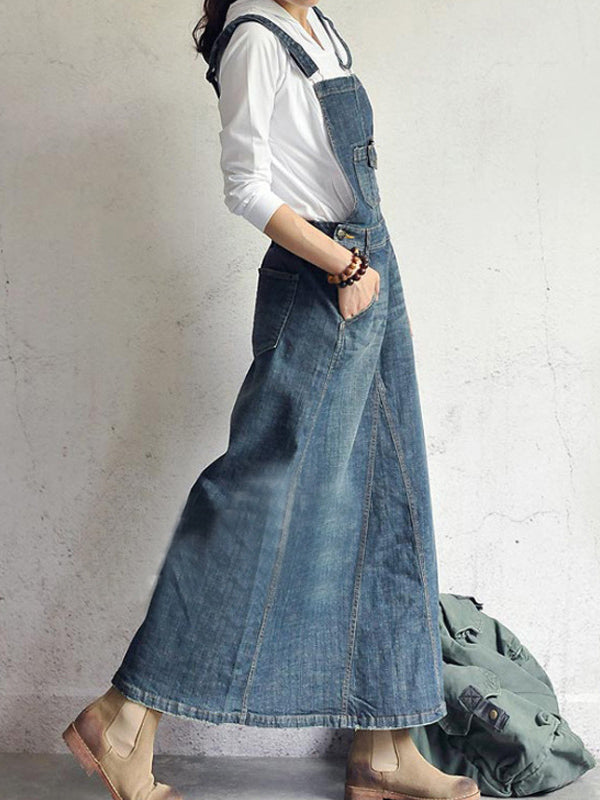 SUNA Kvinders Denim Overall Kjole – Løs Pasform Med Justerbare Stropper - 100% Bomuld, Vintage Design, Komfortabel Kjole