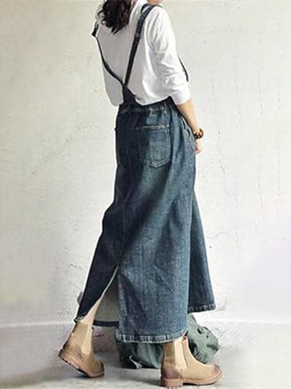 SUNA Kvinders Denim Overall Kjole – Løs Pasform Med Justerbare Stropper - 100% Bomuld, Vintage Design, Komfortabel Kjole