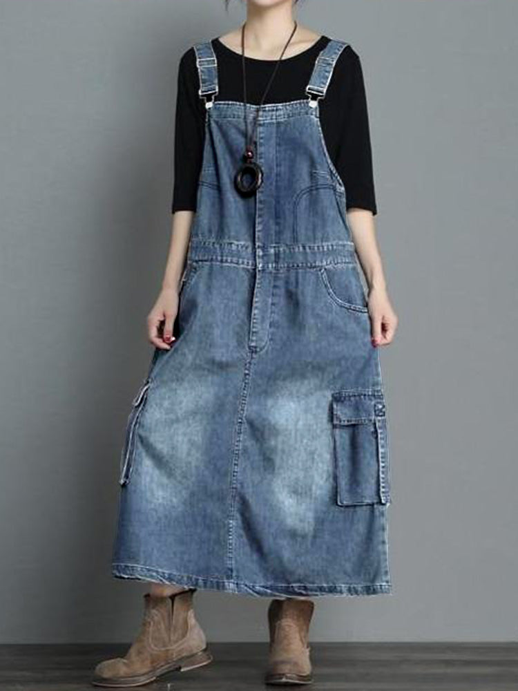 SUNA Kvinders Denim Overall Kjole – Løs Pasform og Komfort – Denim Kjole, Vintage Stil, Høj Kvalitet, Casual Mode Lys Blå